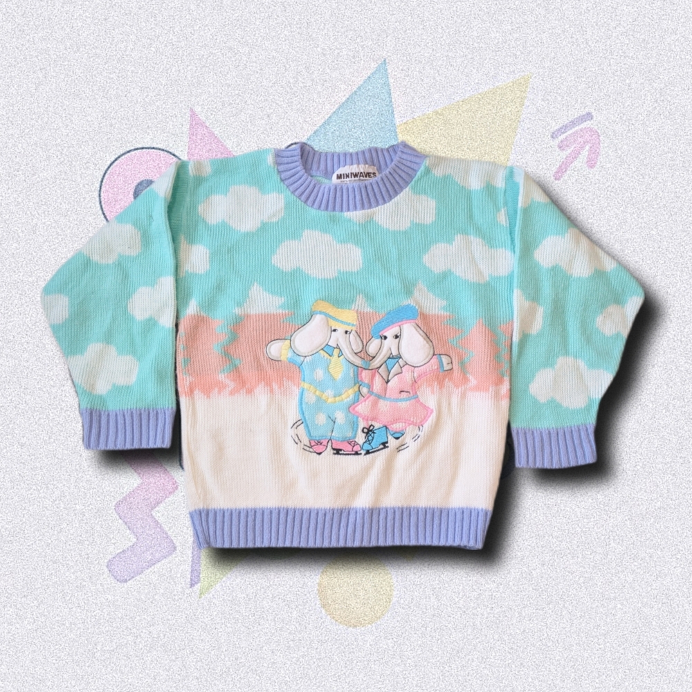 Vintage 80s Miniwaves Acrylic Knit Sweater | Ice Skating Elephants Graphic
